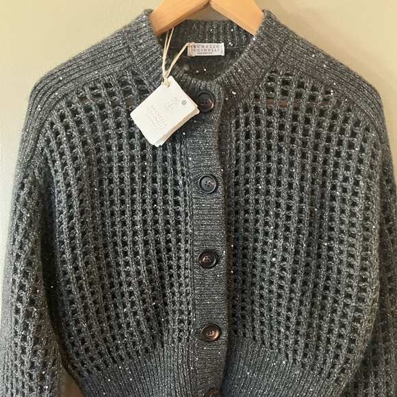 Women’s Brunello Cucinelli NEW Sequin Crochet Cardigan Gray Cashmere Blend Sz S - Picture 1 of 13